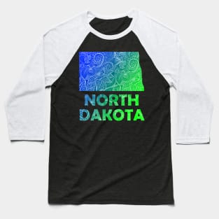 Colorful mandala art map of North Dakota with text in blue and green Baseball T-Shirt